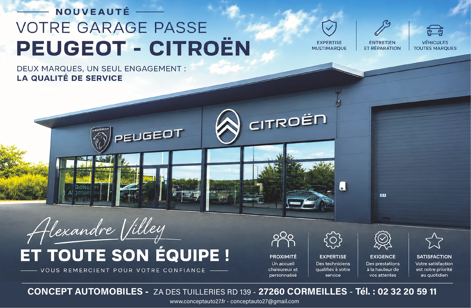 Nouveauté : votre garage Concept Automobiles à Cormeilles passe Peugeot – Citroën. Alexandre Villey et toute son équipe vous remercient pour votre confiance.